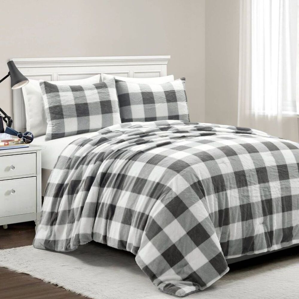 Lush Decor - Lush Décor 3pc Full/Queen Soft Plush Plaid All Sea Gray